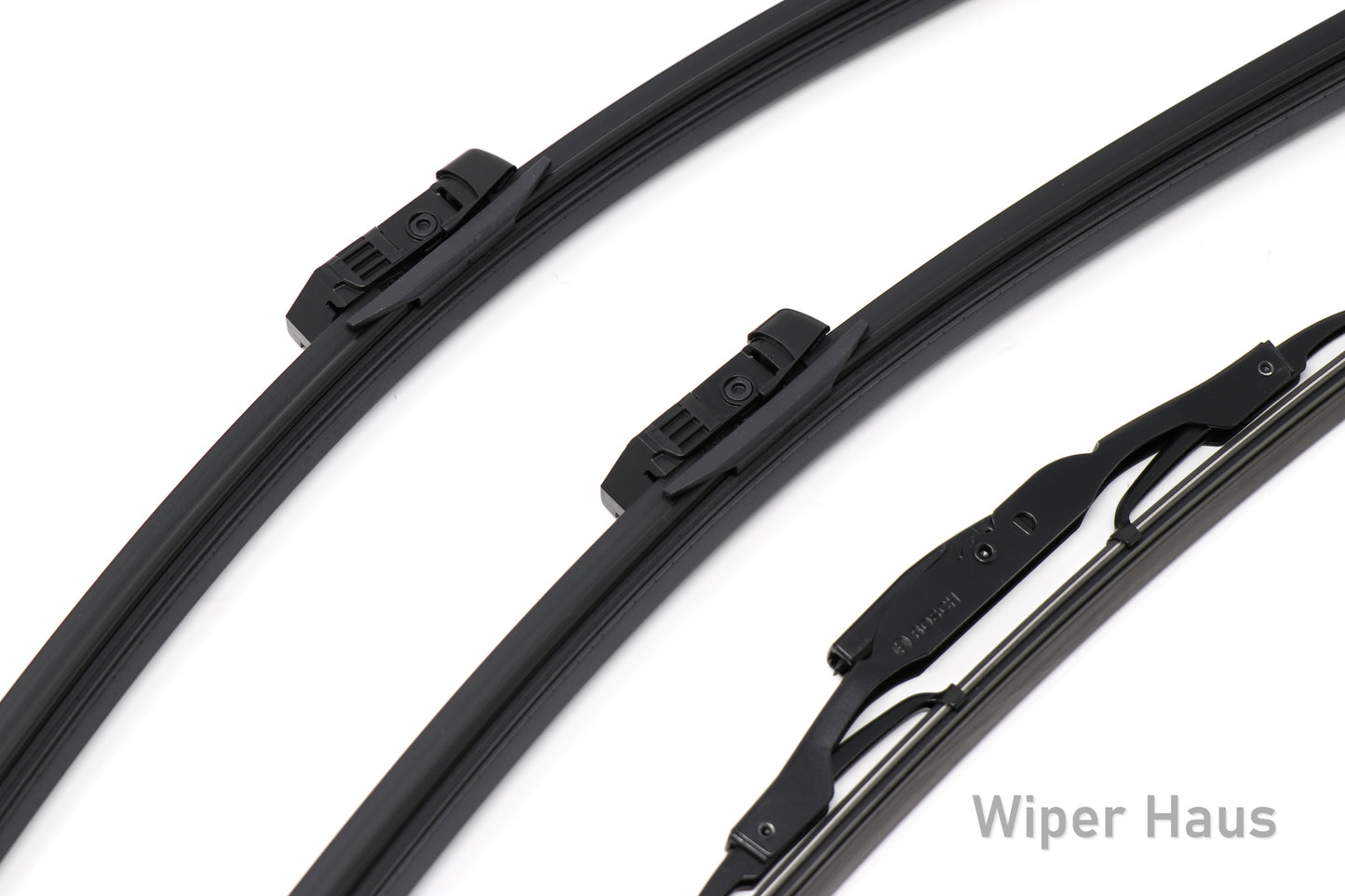 2 bosch aerotwin front wiper blades and 1 bosch rear wiper blade on white background