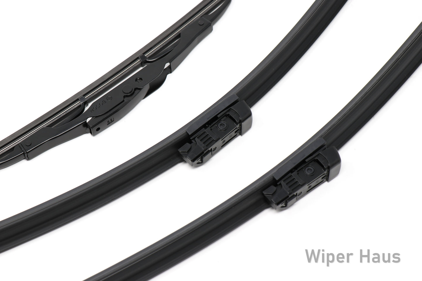 2 bosch aerotwin front wiper blades and 1 bosch rear wiper blade on white background