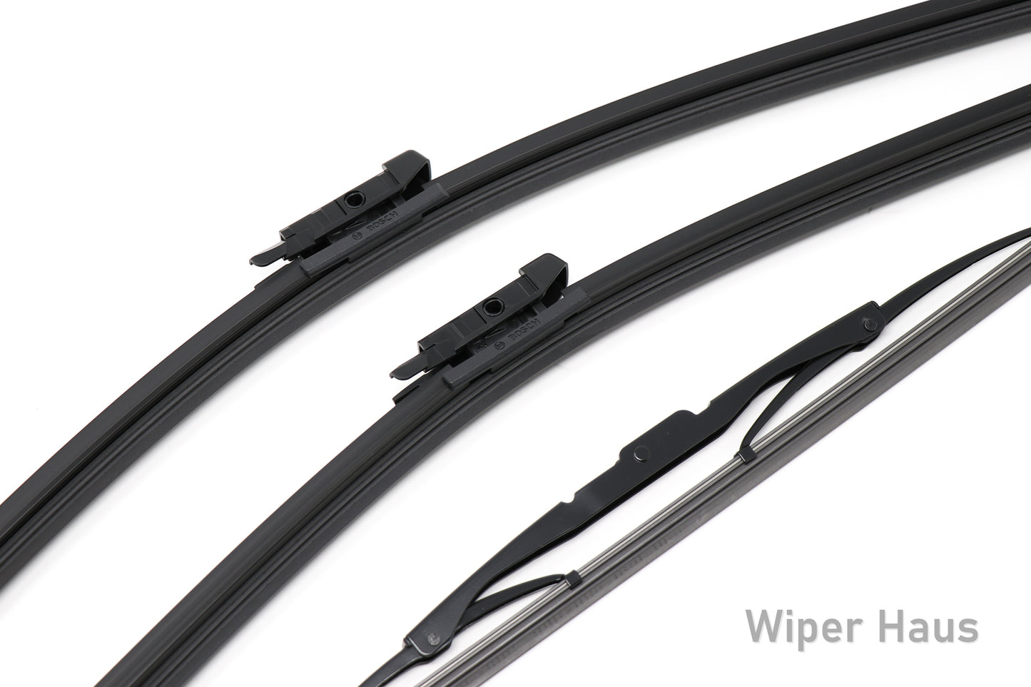 2 bosch aerotwin front wiper blades and 1 bosch rear wiper blade on white background