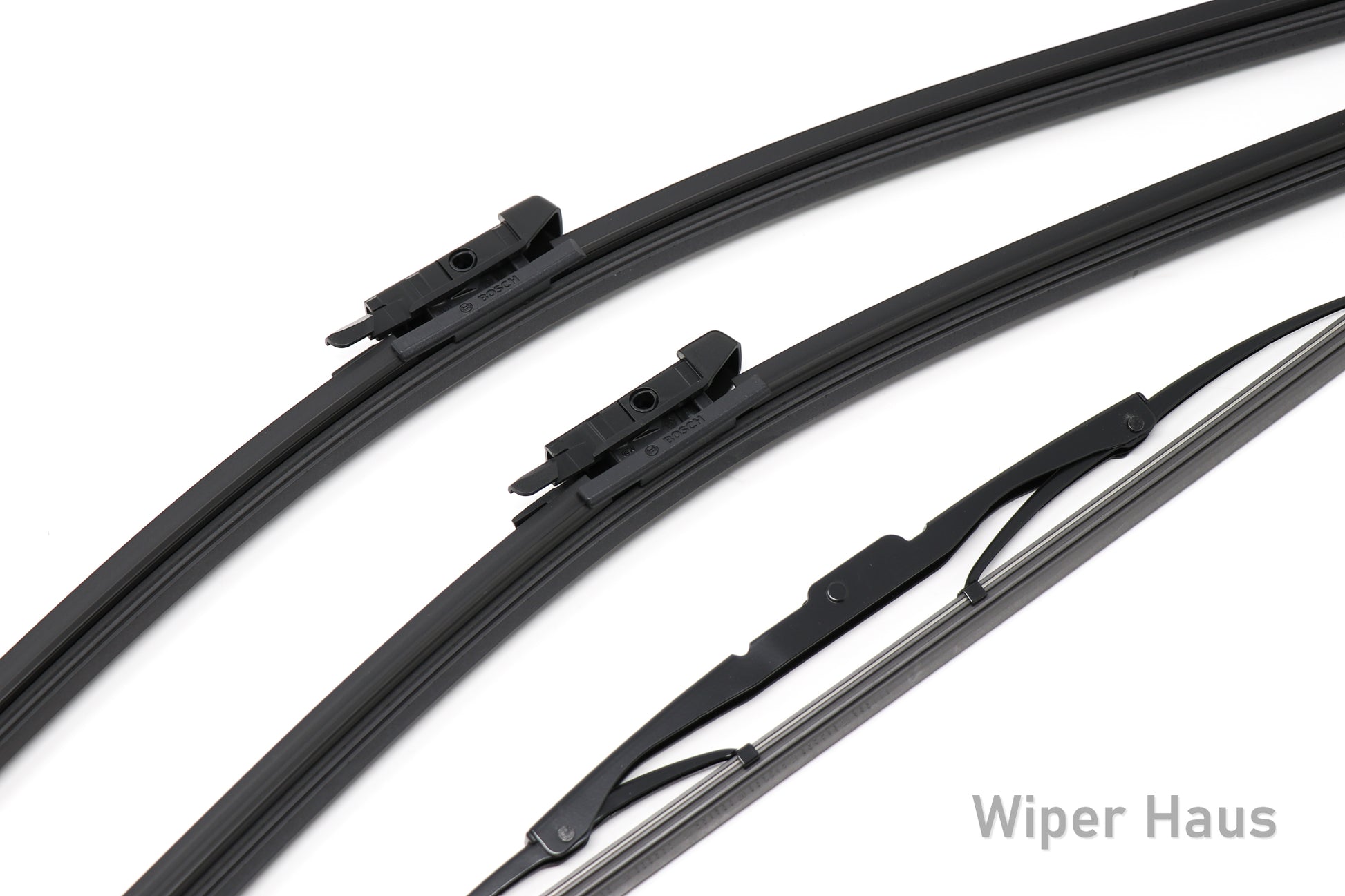 2 bosch aerotwin front wiper blades and 1 bosch rear wiper blade on white background