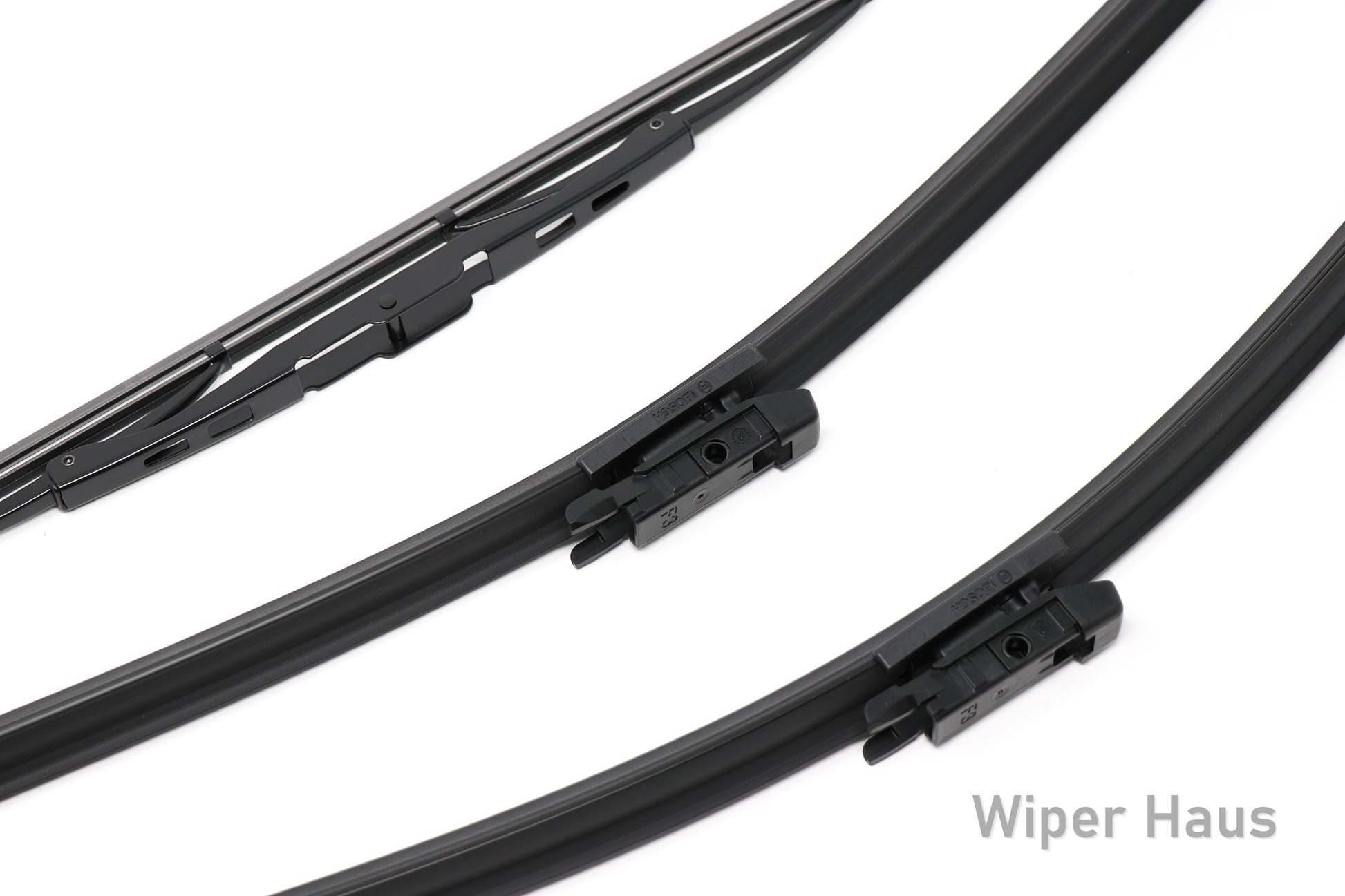 2 bosch aerotwin front wiper blades and 1 bosch rear wiper blade on white background