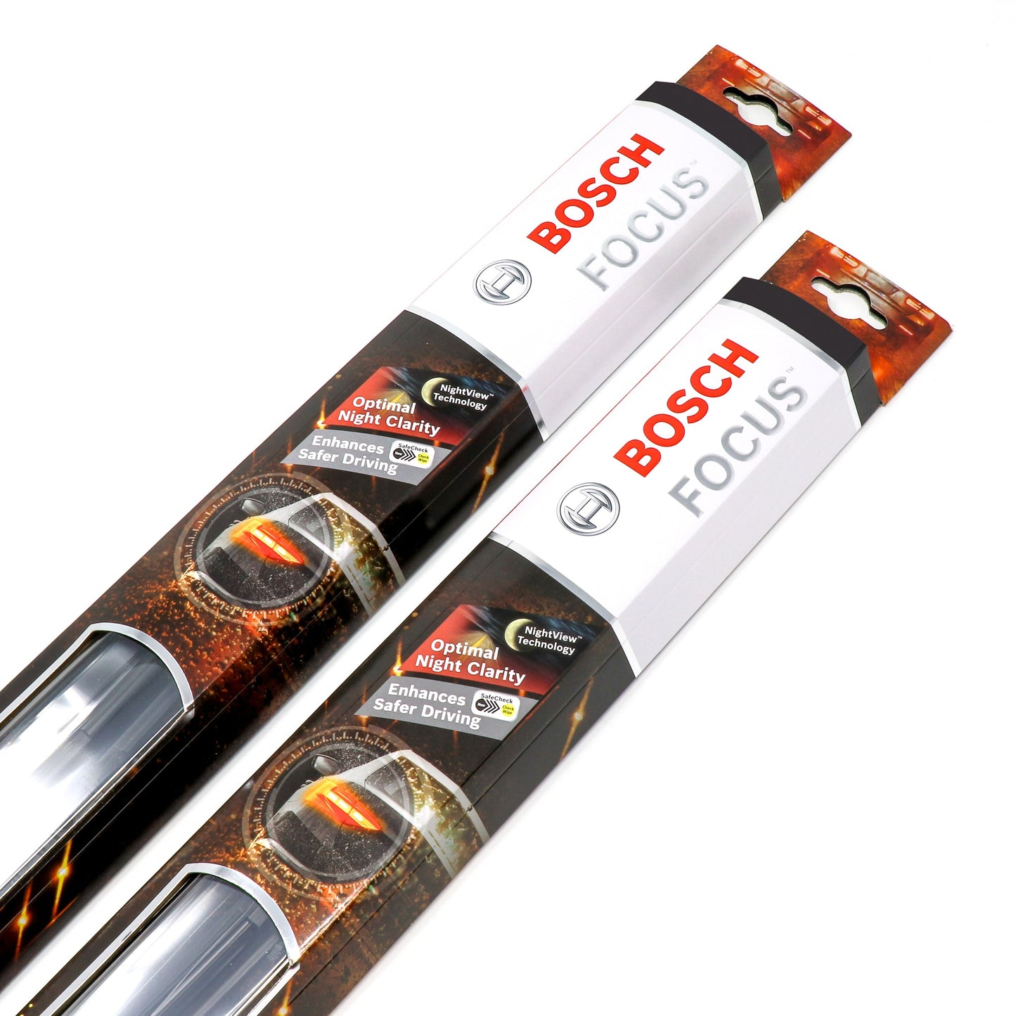Two Bosch Focus wiper blades in packaging on a white background.