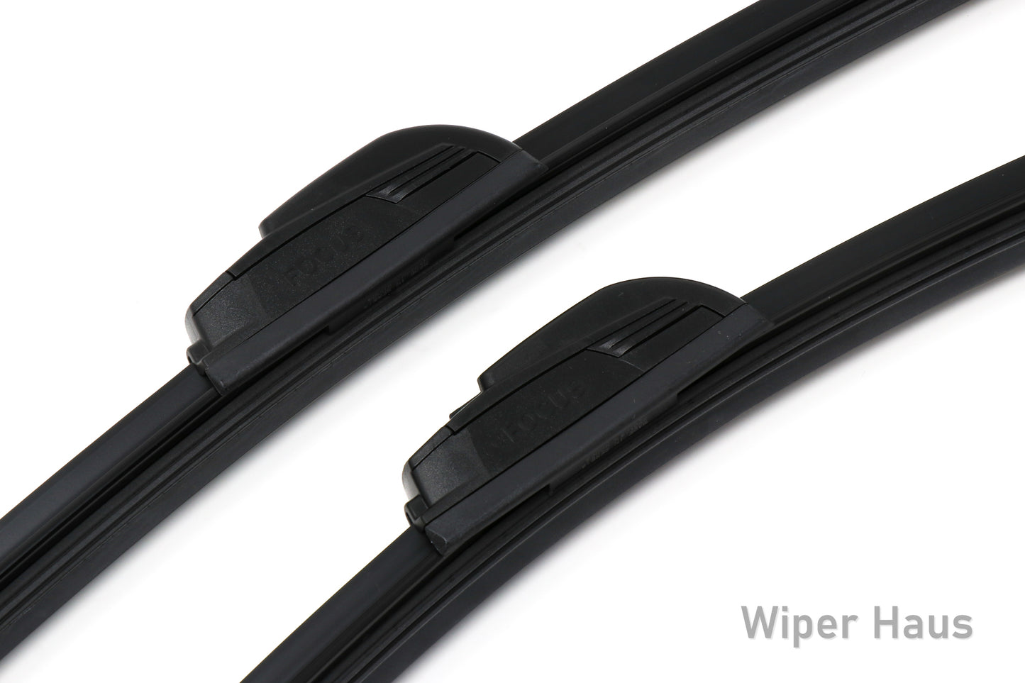 Detail view of two Bosch Focus wiper blades on white background