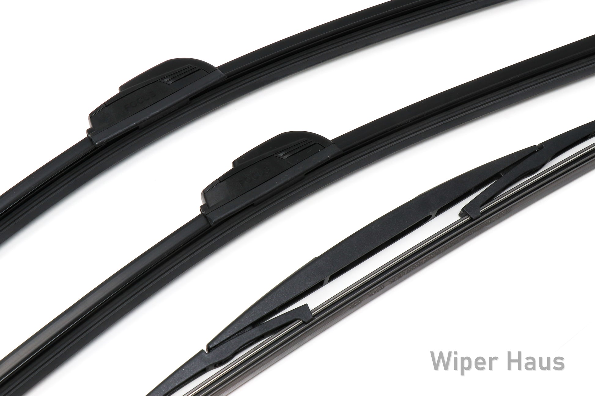 Detail view of two Bosch Focus and one Bosch Rear wiper blades on white background