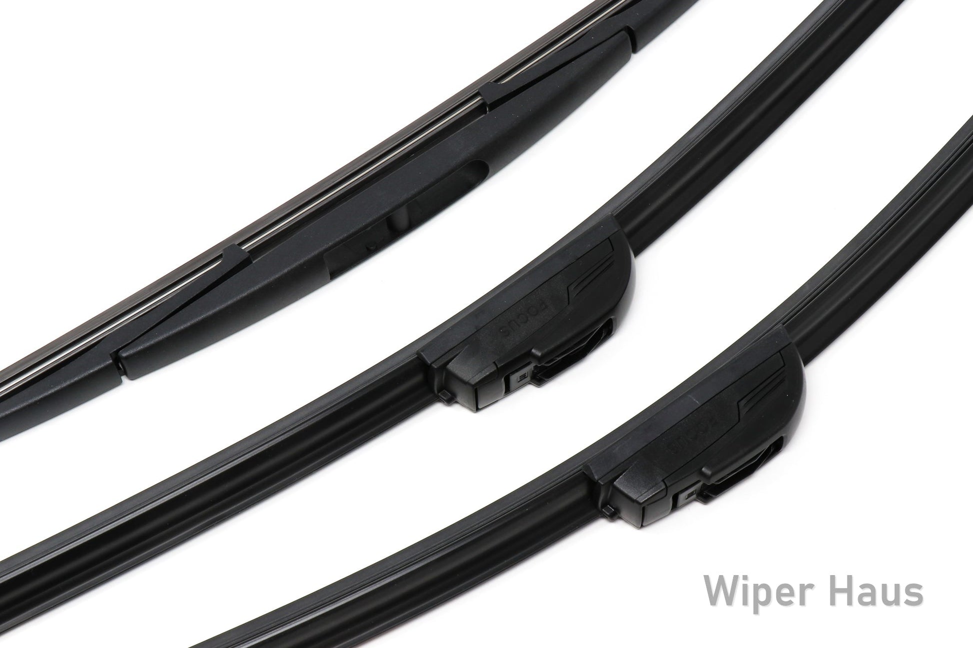 Detail view of two Bosch Focus and one Bosch Rear wiper blades on white background