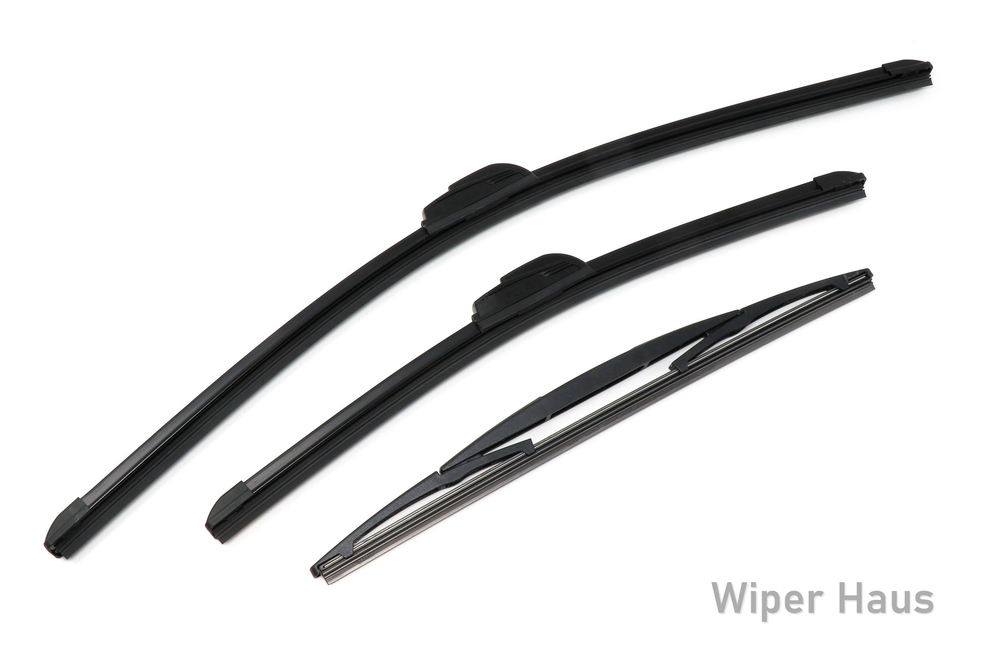 Two Bosch Focus and one Bosch Rear wiper blades on white background
