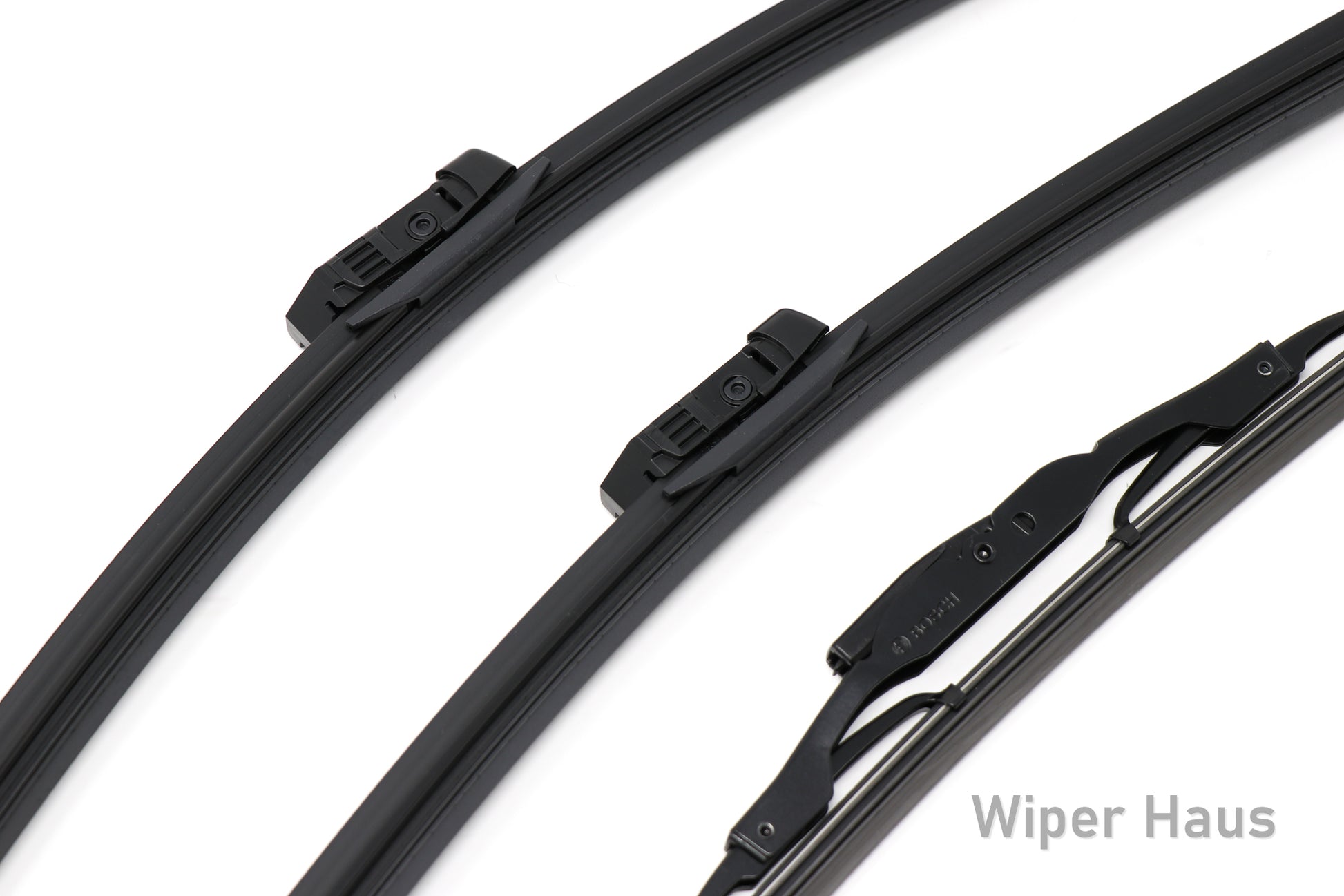 2 bosch aerotwin front wiper blades and 1 bosch rear wiper blade on white background