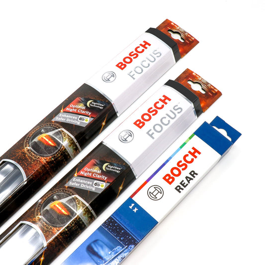Two Bosch Focus and one Bosch Rear wiper blades in packaging on a white background. 
