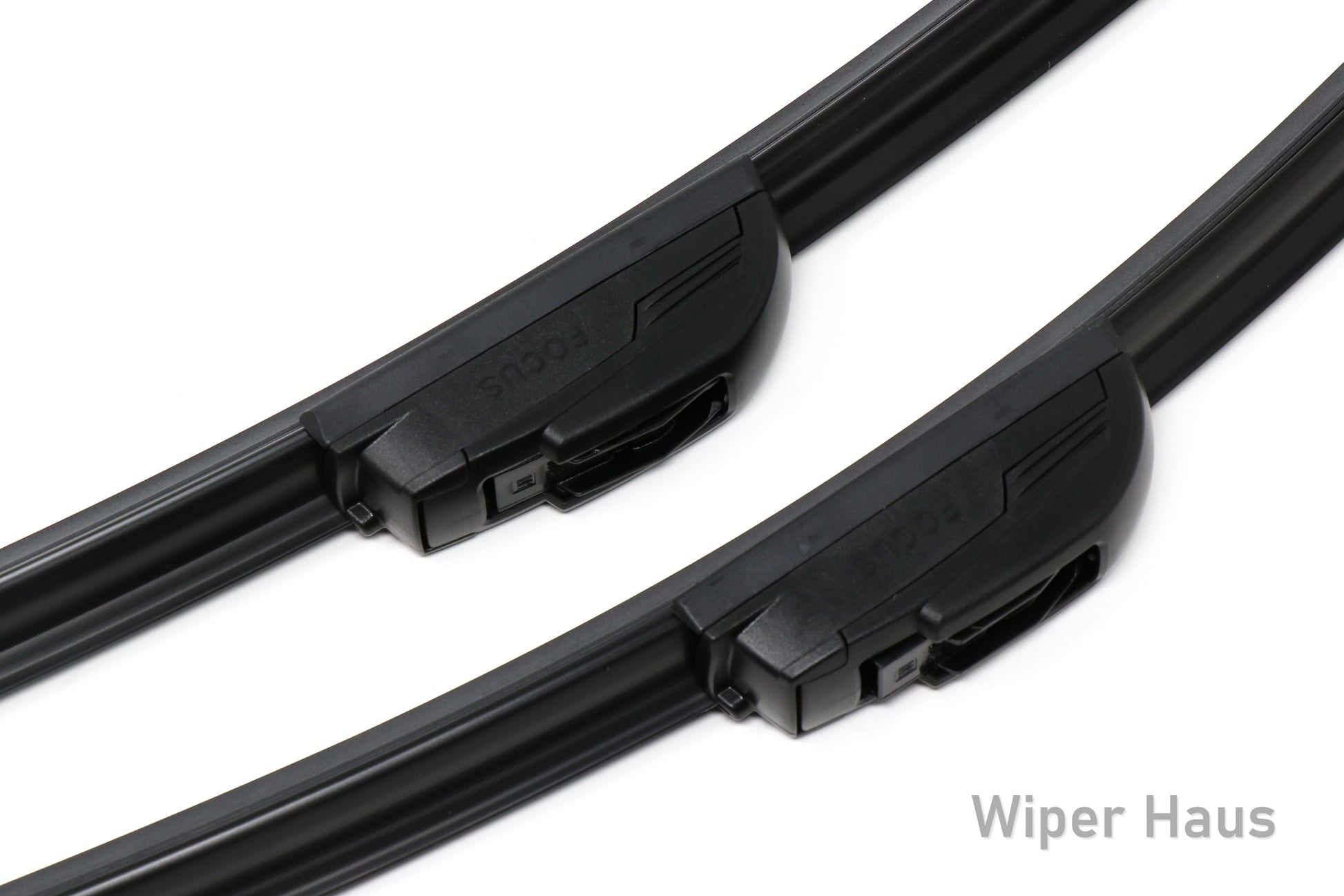 Detail view of two Bosch Focus wiper blades on white background