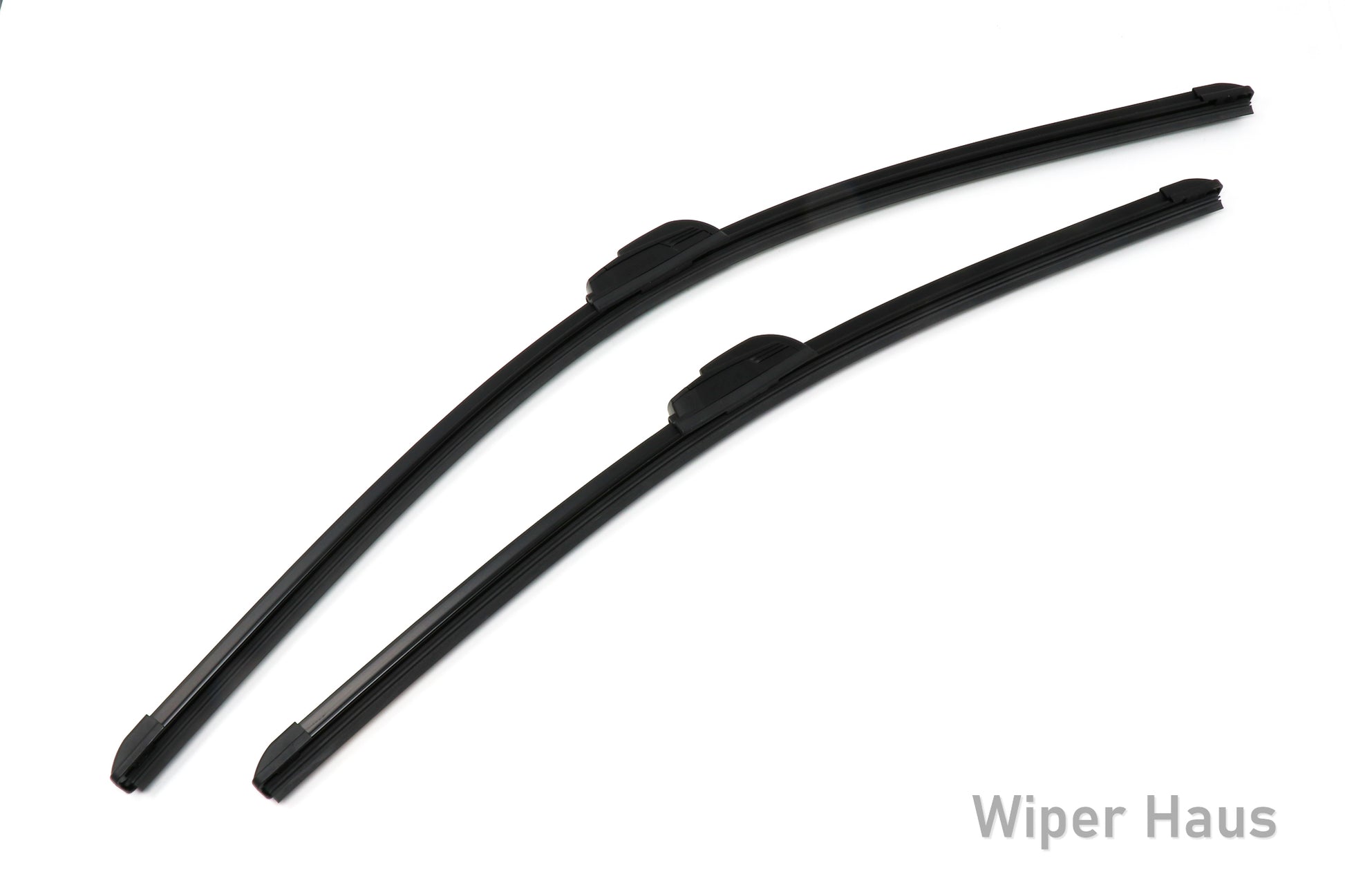 Two Bosch Focus wiper blades on white background
